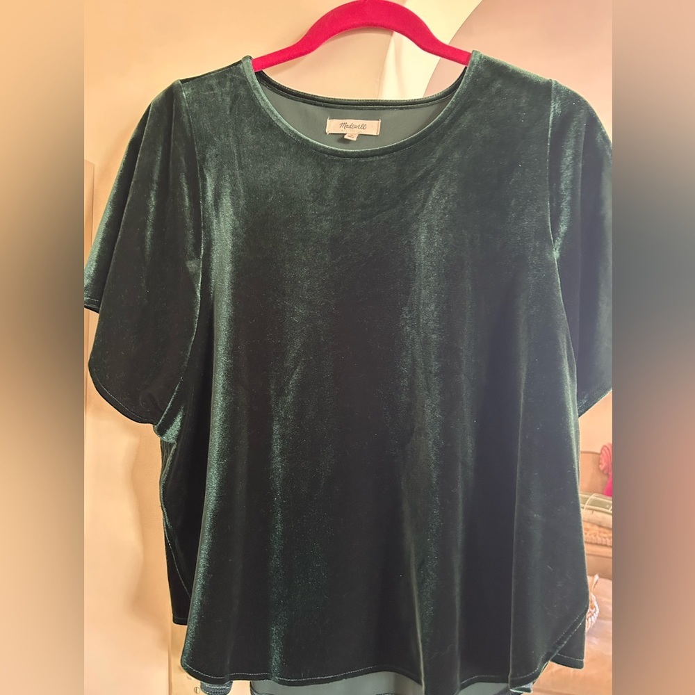 Madewell Velvet Shirt Women's Sz M Green Flared Short Sleeve Relaxed Blouse
